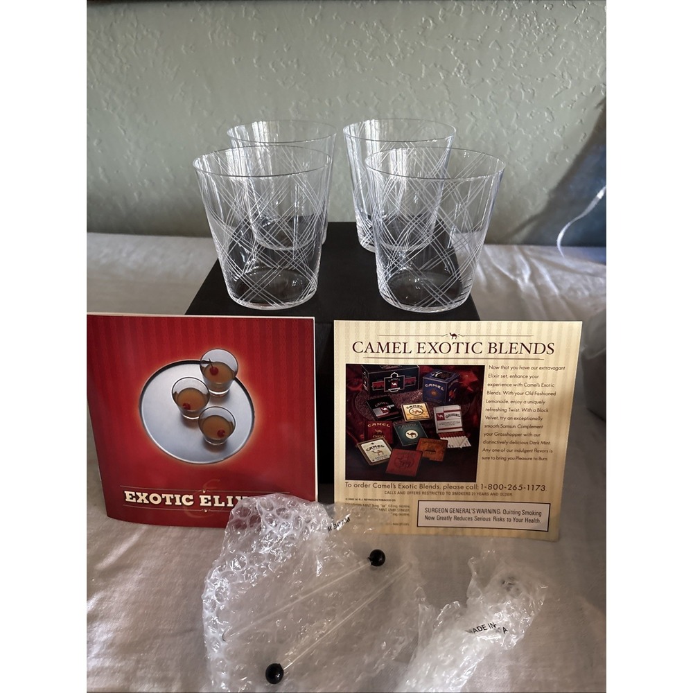 VTG CAMEL Exotic Elixir Set Etched High Ball Glasses Swizzle Sticks Barware